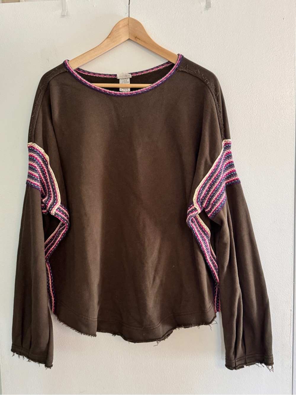 NATURAL LIFE Olive Green Knit Trim Sweatshirt with Colorful Trim